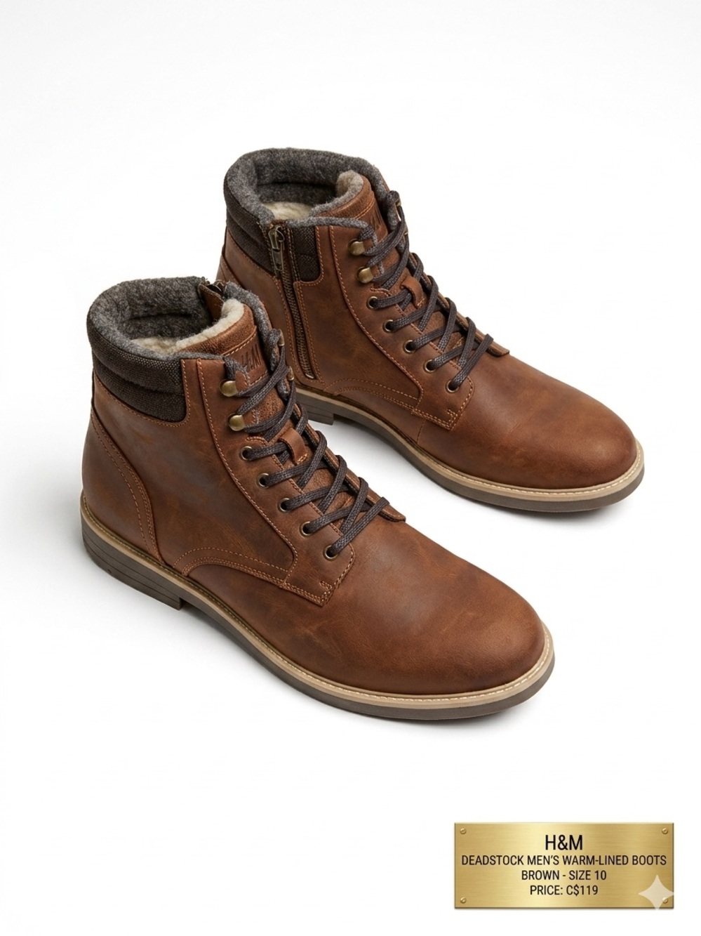 H&M Men’s Warm-Lined Boots - Brown - Size 10 NOS NIP